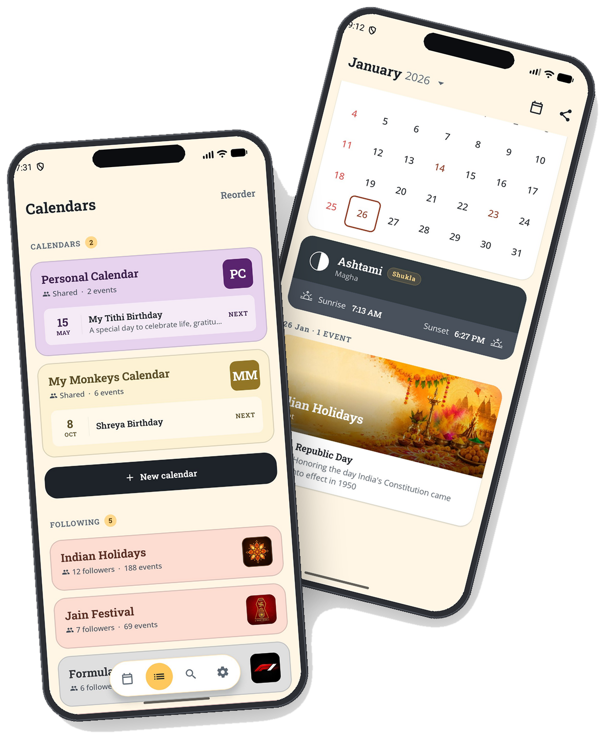 Tithi shown on two phones — the Calendars screen with personal and followed calendars, and a monthly calendar view for January 2026 with festivals and a daily summary