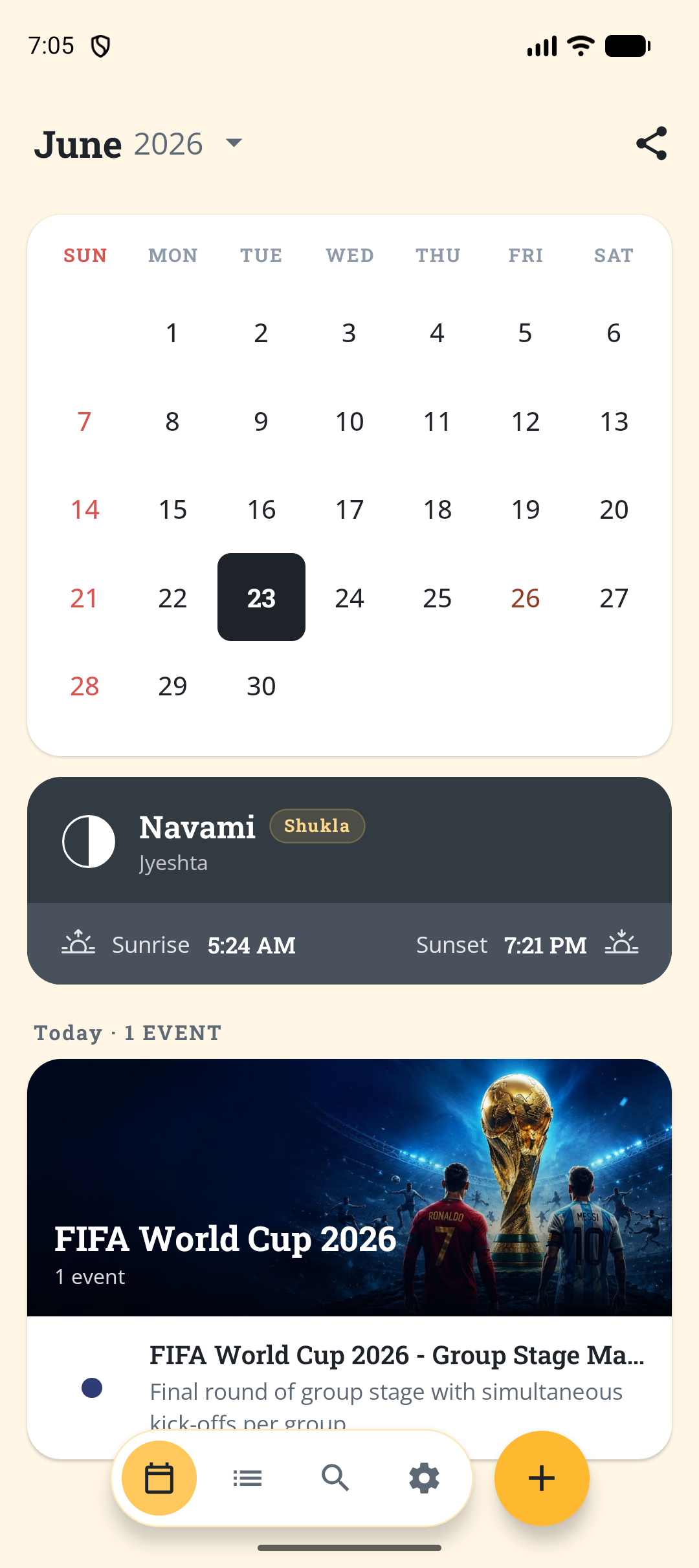 Tithi app home screen showing the June 2026 month view with today’s tithi, sunrise at 6:02 AM, and sunset at 7:18 PM