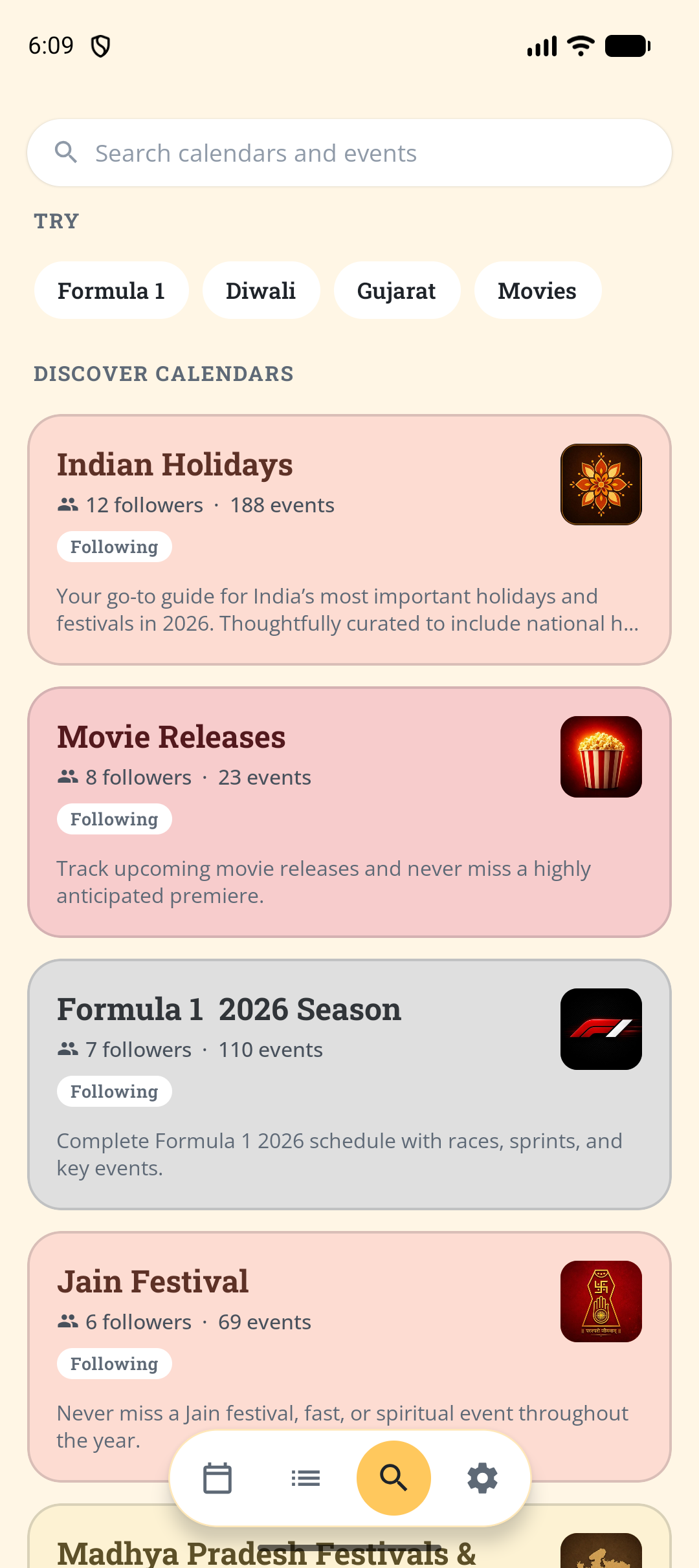 Tithi app explore screen for finding and following public calendars like Indian Holidays, Movie Releases, and Formula 1