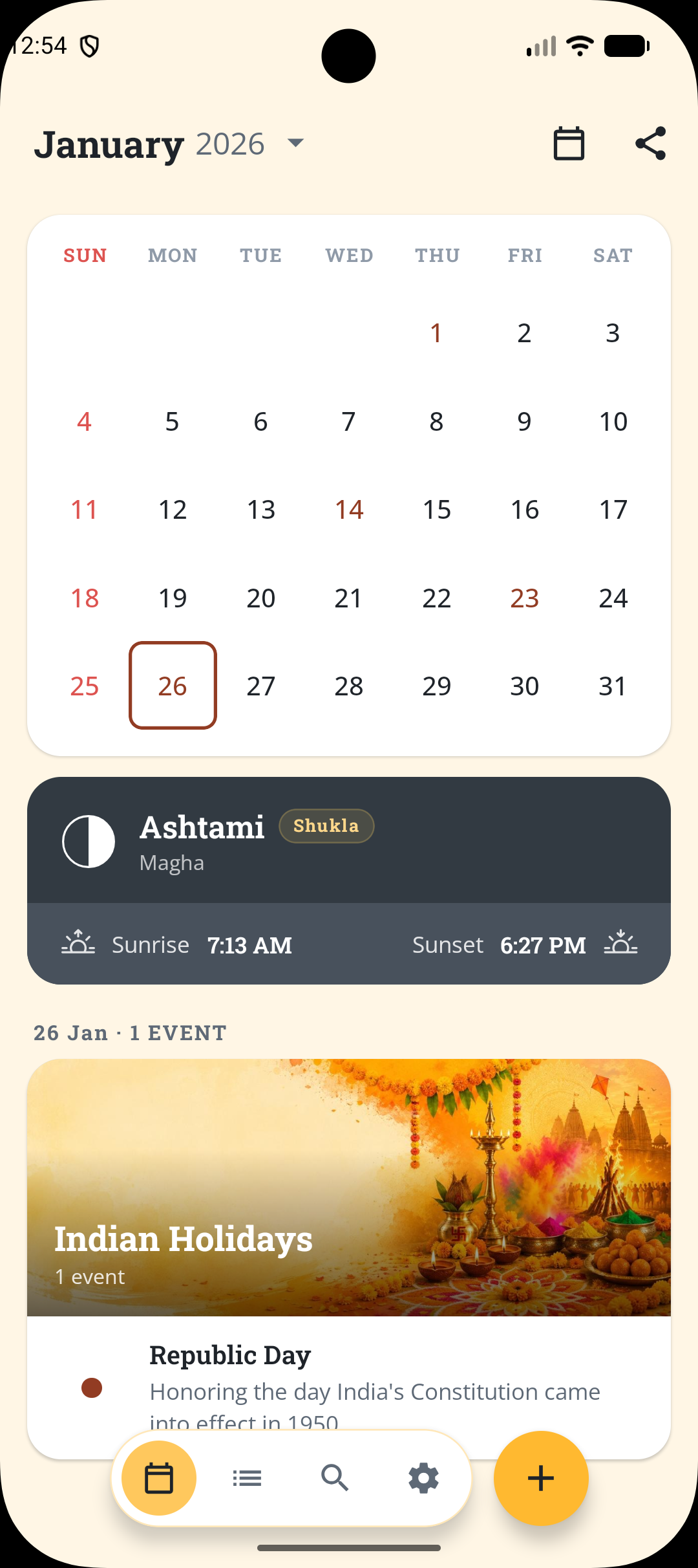 Tithi app home screen showing the June 2026 month view with today’s tithi, sunrise and sunset
