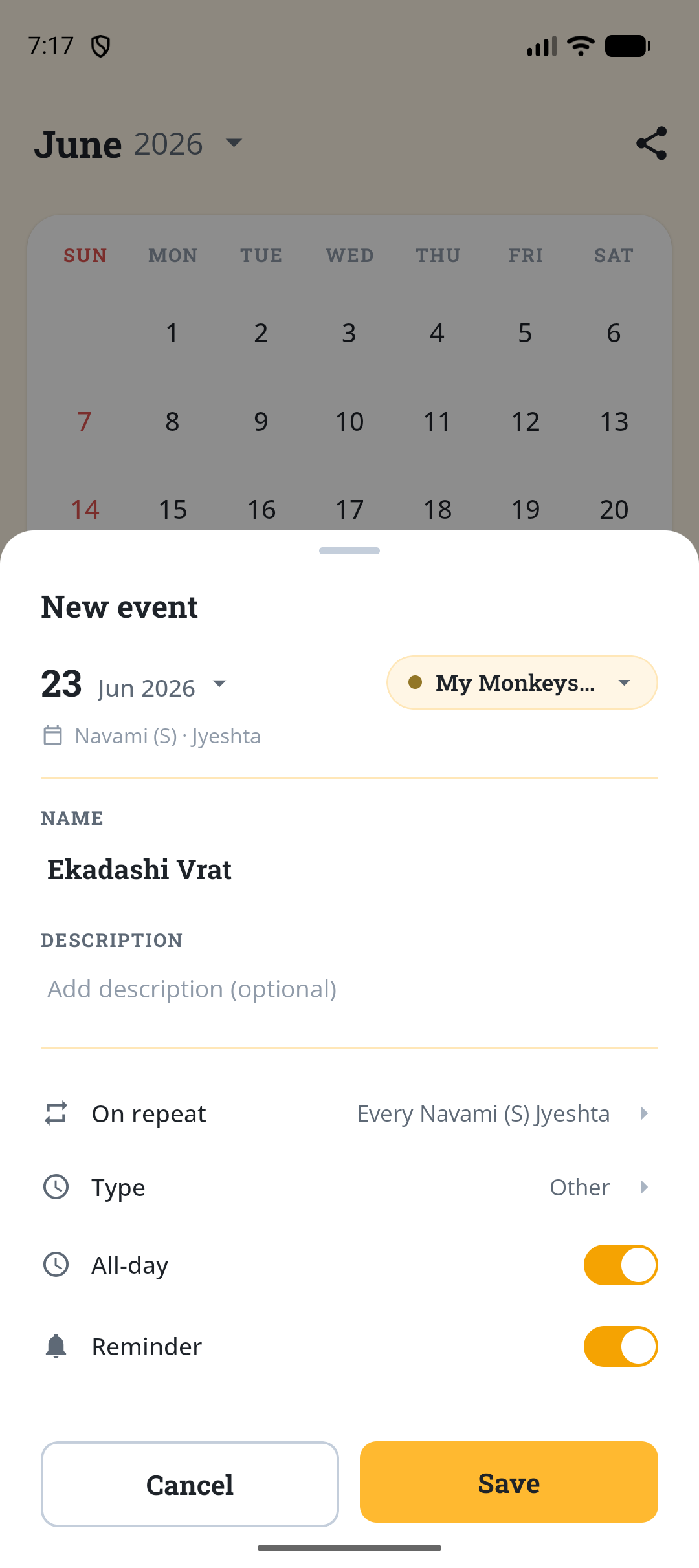 Tithi app new event screen creating an Ekadashi Vrat set to repeat on every Navami, with a reminder turned on