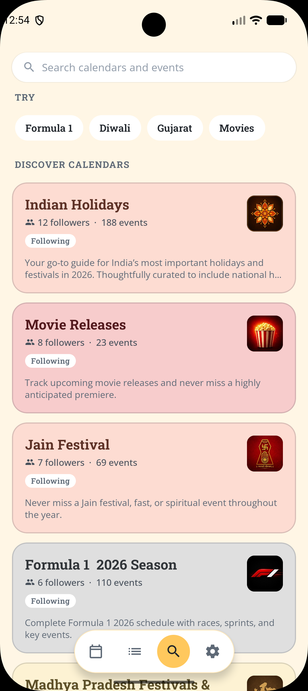 Tithi app explore screen for discovering and following public calendars like Indian Holidays and Movie Releases