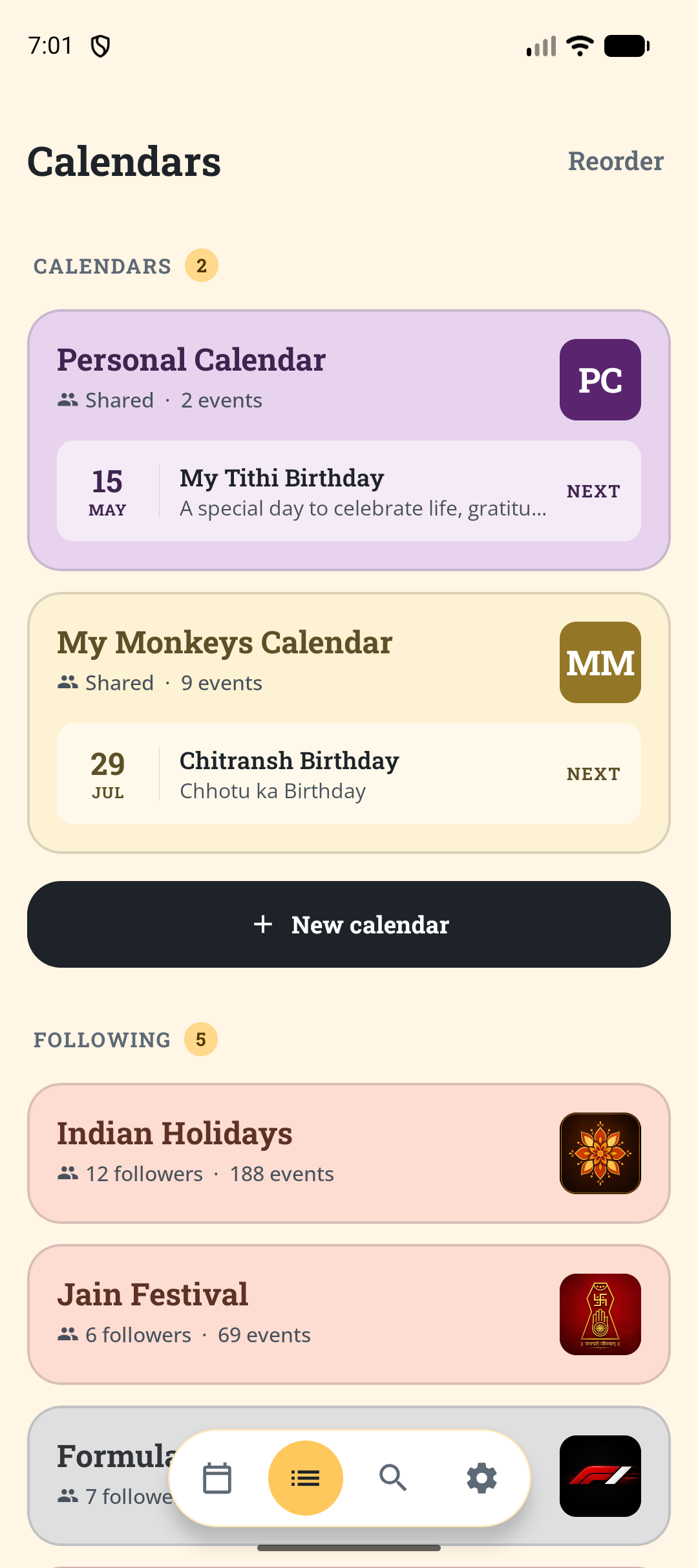 Tithi app calendars screen with a shared Personal Calendar and a family calendar, plus a button to create a new calendar