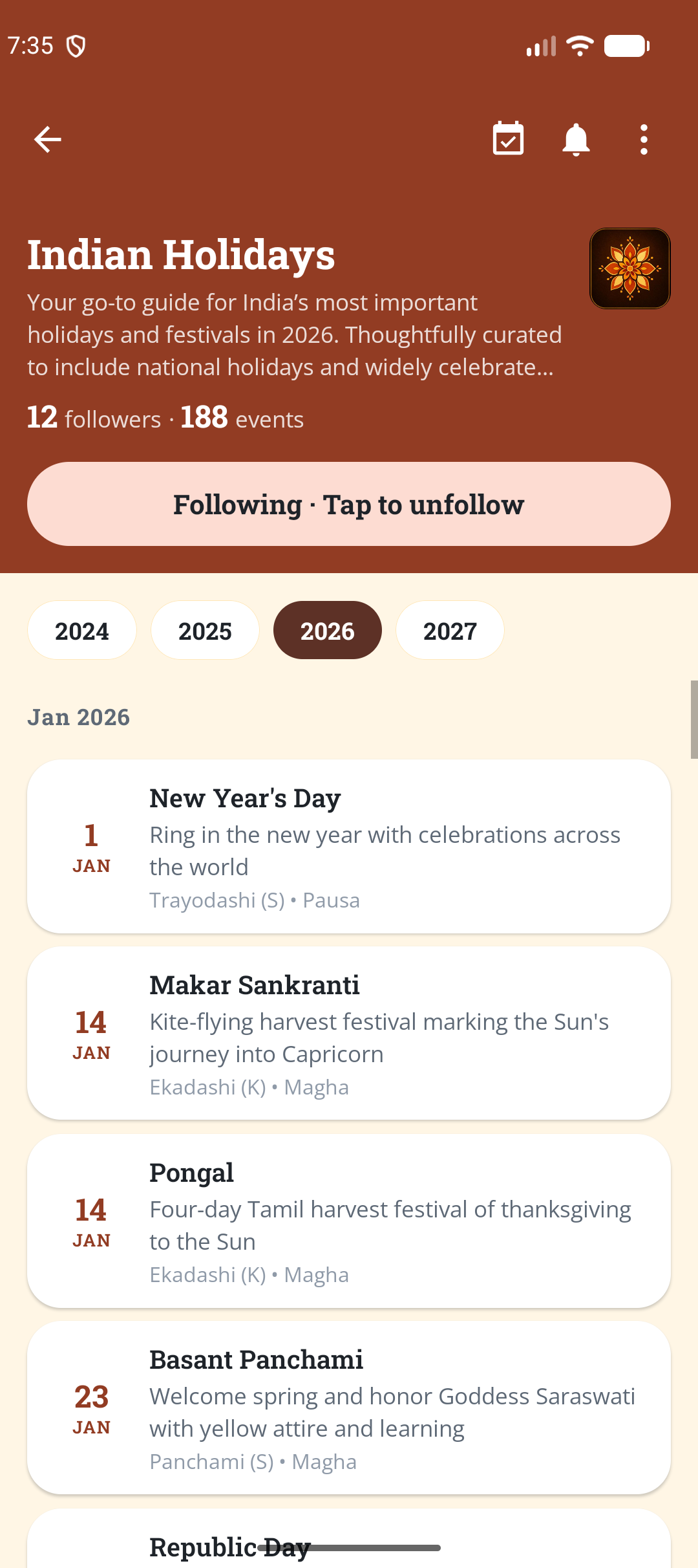 Tithi app showing an Indian Holidays calendar with festivals like Makar Sankranti and Pongal, each with its tithi