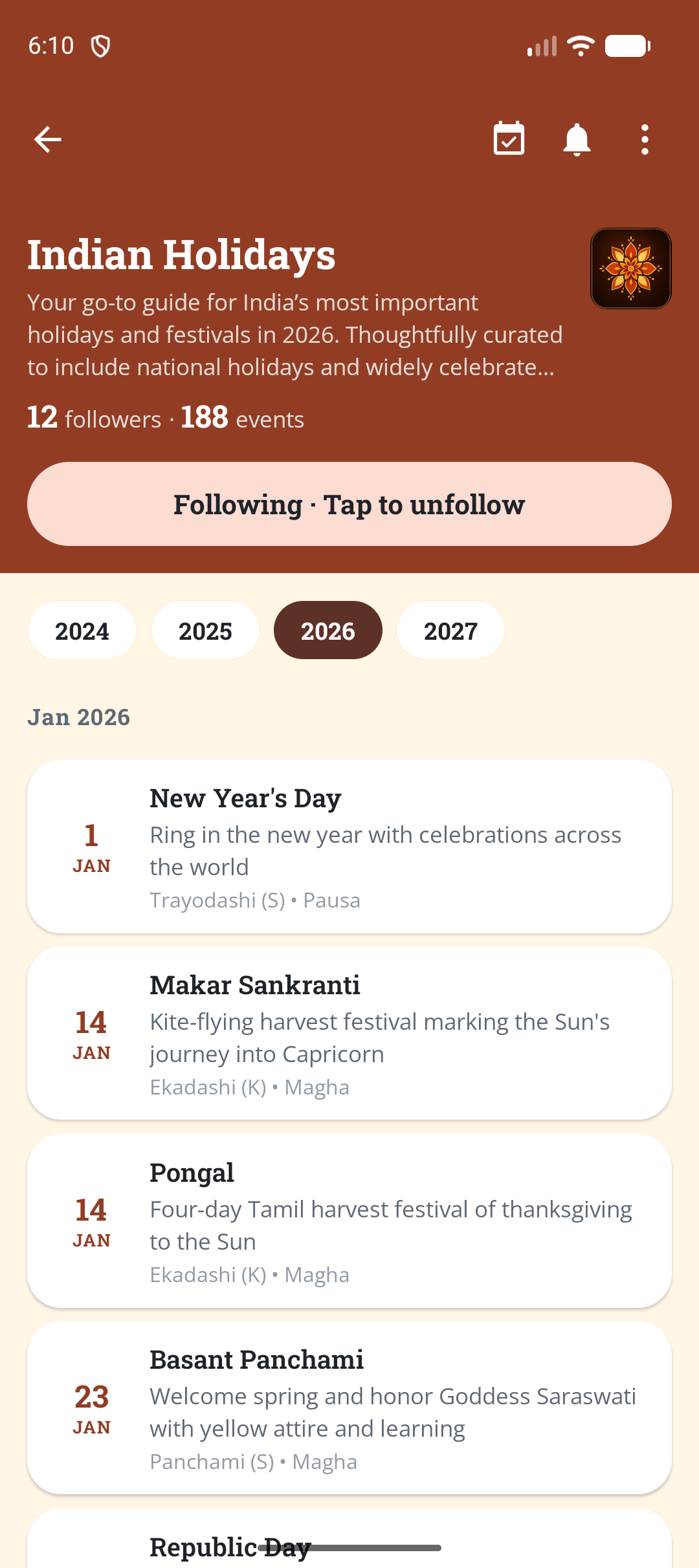 Tithi app Indian Holidays calendar listing festivals by date