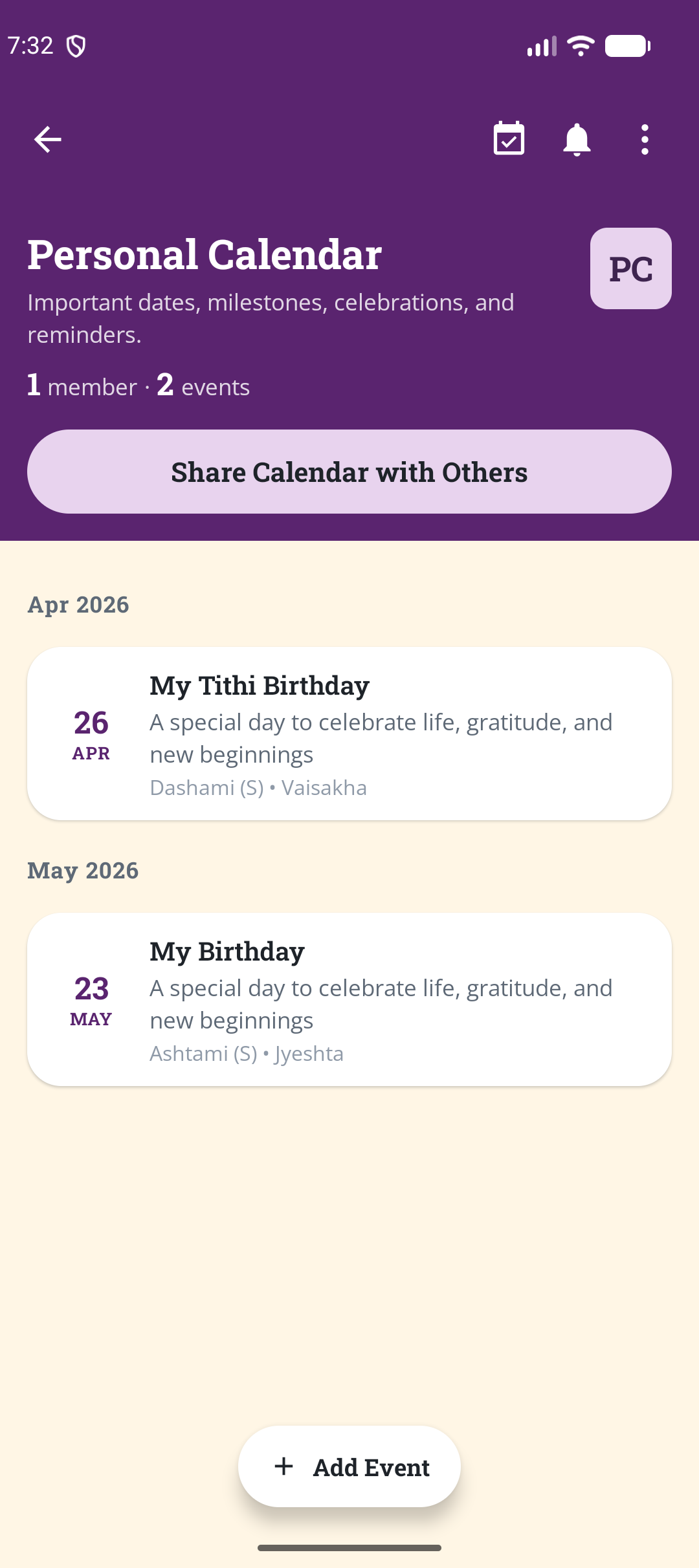 Tithi app personal calendar listing birthdays and milestones with their tithi dates